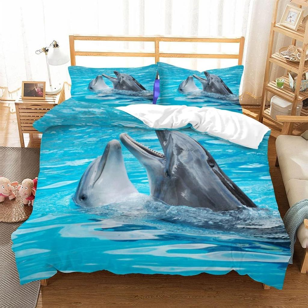 Comforter Dolphin Cute Jumping Dolphins Bedding Set Microfiber Marine Animals Comforter With 2 Pillow Sham Twin King