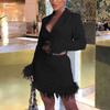 Women's Deep V Long Sleeve Top Tight Wrap Hip Dress Temperament Set