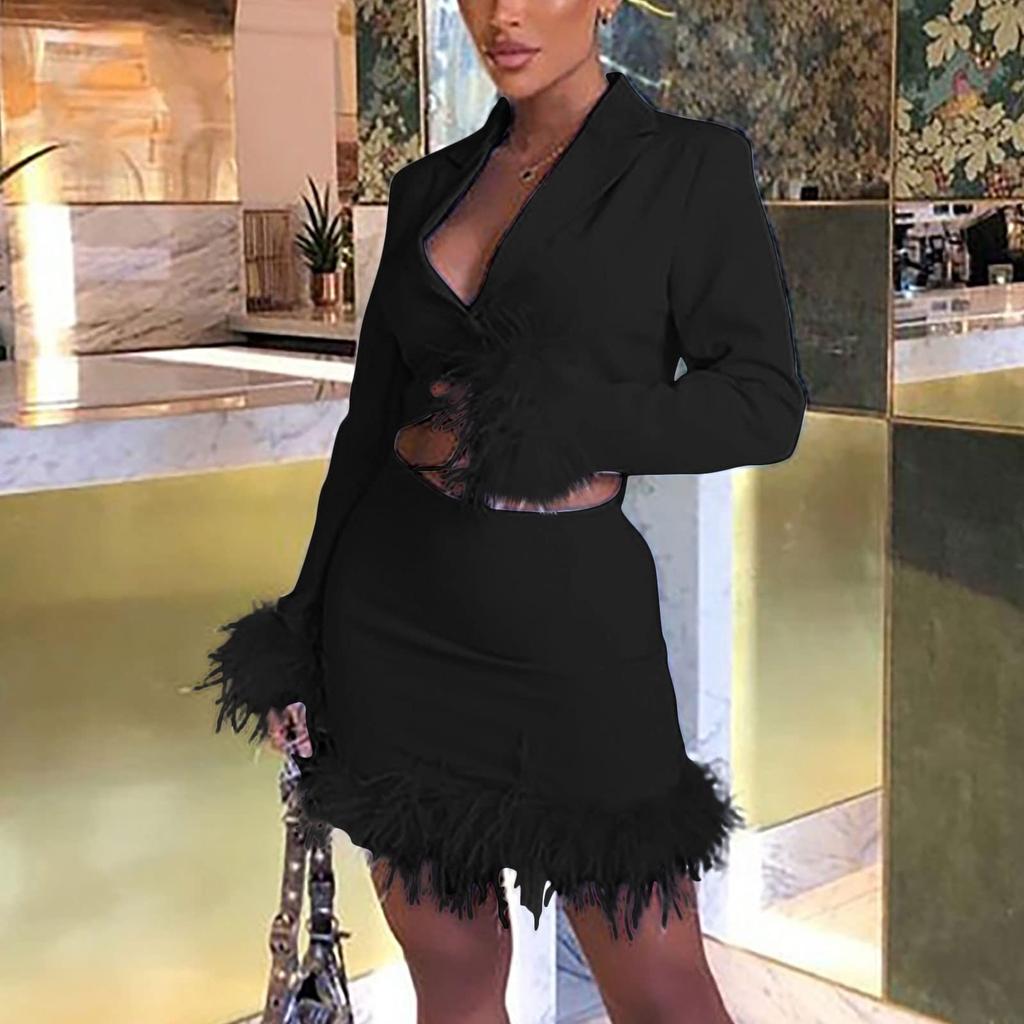 Women's Deep V Long Sleeve Top Tight Wrap Hip Dress Temperament Set