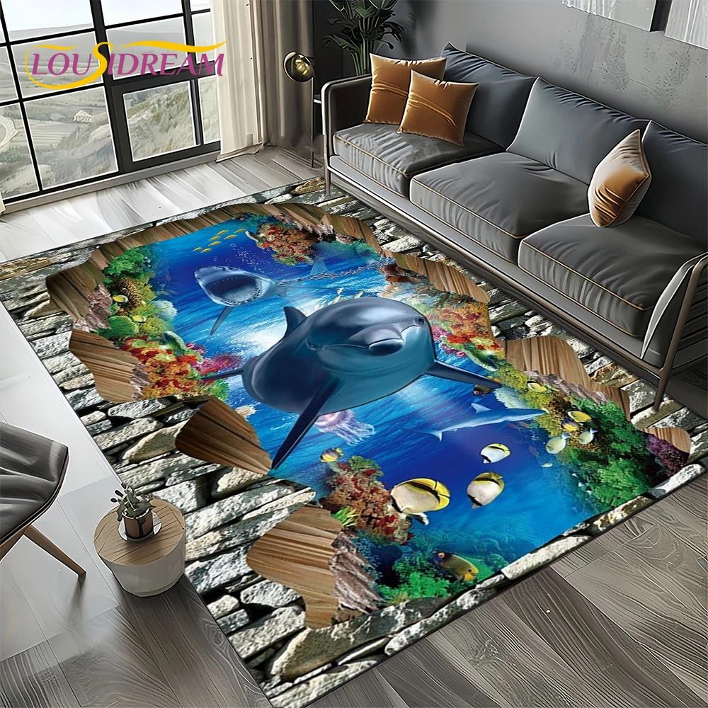 Underwater World 3D Illusion Seabed Cartoon Shark Dolphin Carpet Rug for Living Room Bedroom Home Sofa Decoration,Floor Mat Kid