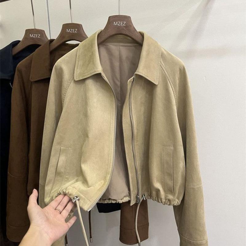 Women Cropped Suede Fabric Stand Collar Motorcycle Baseball Jacket Casual Loose Long Sleeve