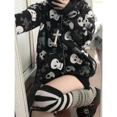Harajuku Grunge Vintage Zip Up Hoodies Women Gothic Skull Print Japanese Fashion Sweatshirt Streetwear Y2k Clothes