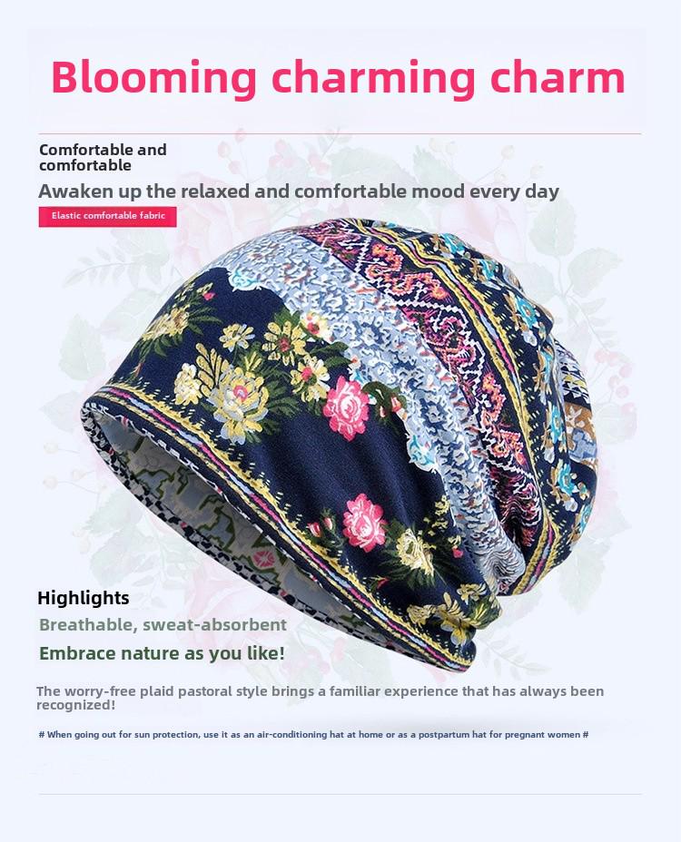 Women's Floral Print Cotton Pullover Hat and Scarf Set for Sun Protection