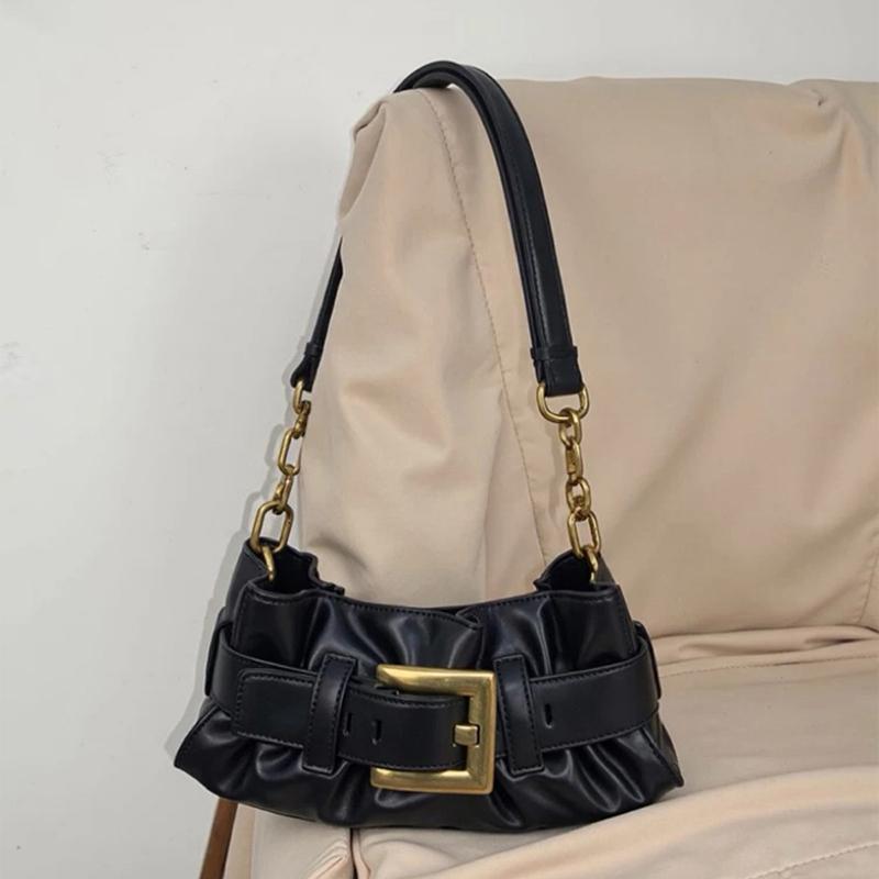 

Fashionable Pleated Tote Bag New Brand Design Belt Buckle Motorcycle Bag Hot Selling Large Capacity Single Shoulder Underarm Bag