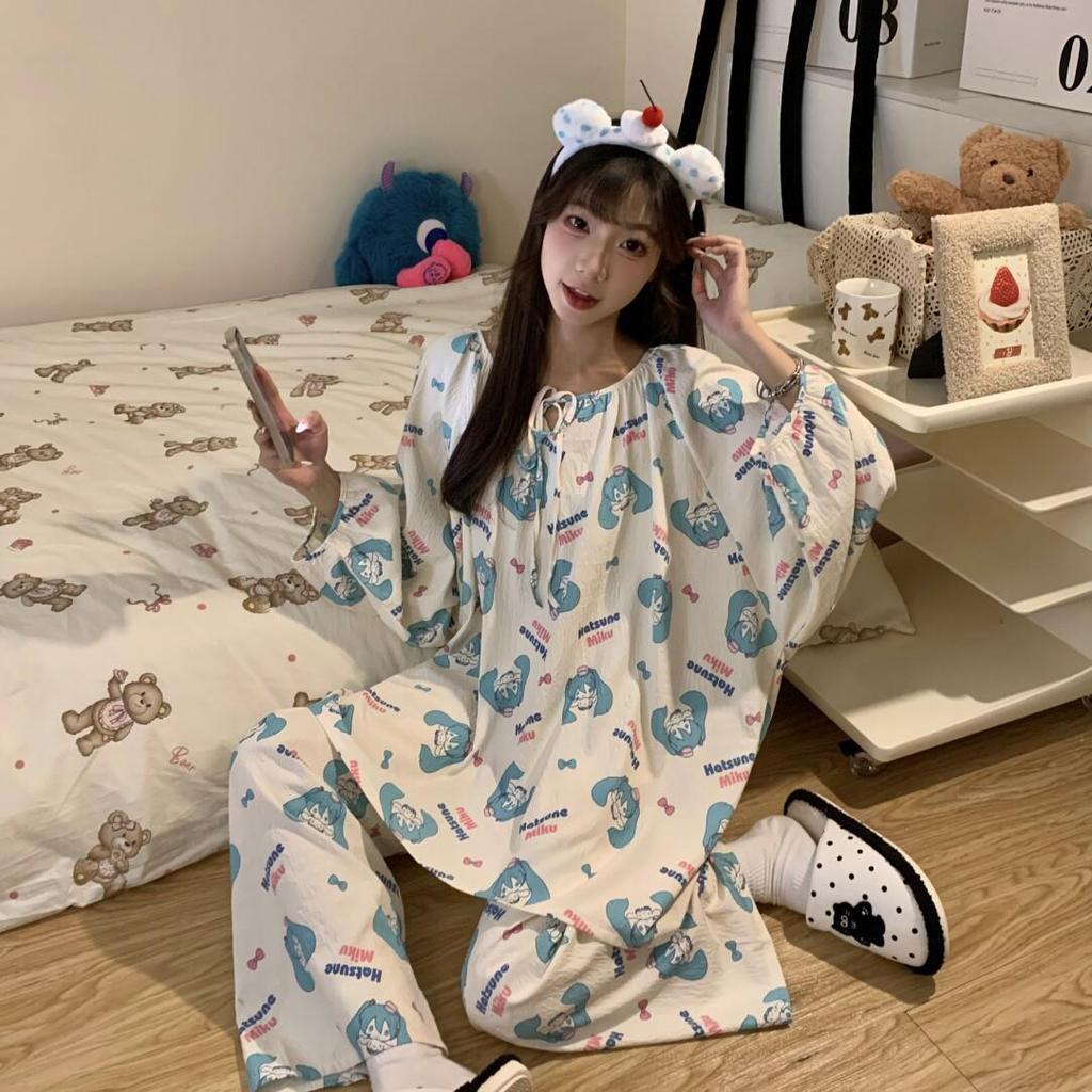 Women's Sweet Pure Cotton Pajama Set - Round Neck, Long Sleeve, Long Pants, Comfortable Home Wear for Spring & Autumn