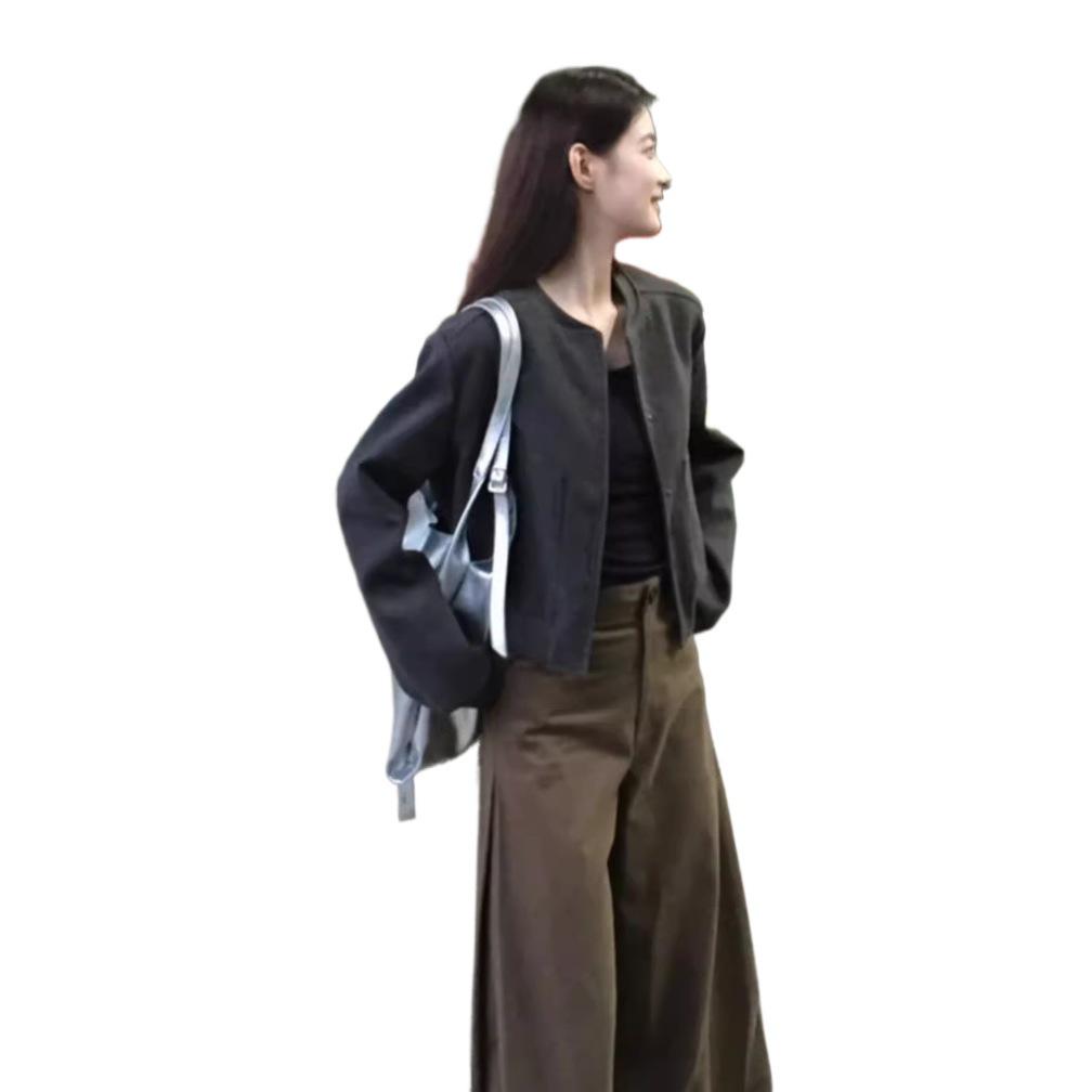 Women's Gray Woolen Retro Baseball Jacket - Casual Spring/Autumn Outerwear