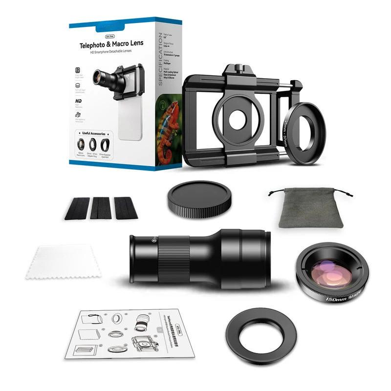 2-in-1 6X TM6 Telephoto Lens + 150mm Macro Lens with Mobile Phone Card Holder Mobile Phone Telephoto Macro Mobile Phone Lens Kit