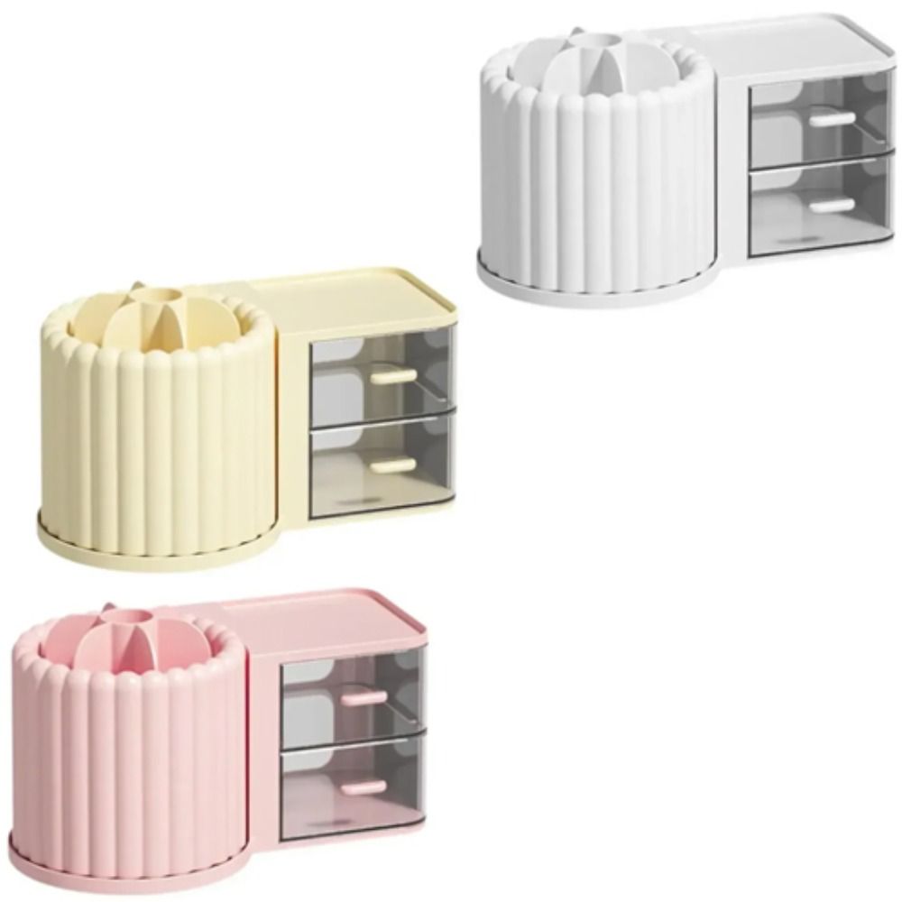 2 Drawers Makeup Brush Holder Large Capacity Desk Organizer Rotating Organizer  Stationery Storage