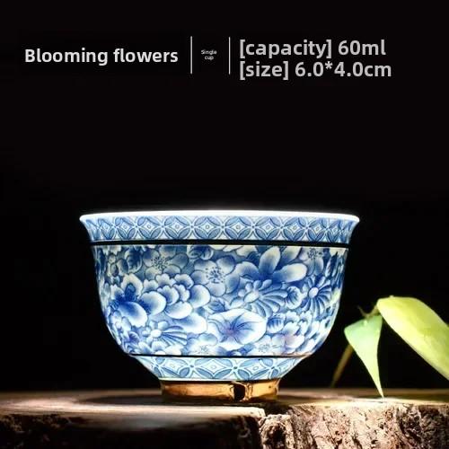 Vintage Master Cup, 1 Blue and White Porcelain Teacup, Small Tea Bowl, Ceramic Kung Fu Set, Gold Edged Tea Bowl, Single Cup