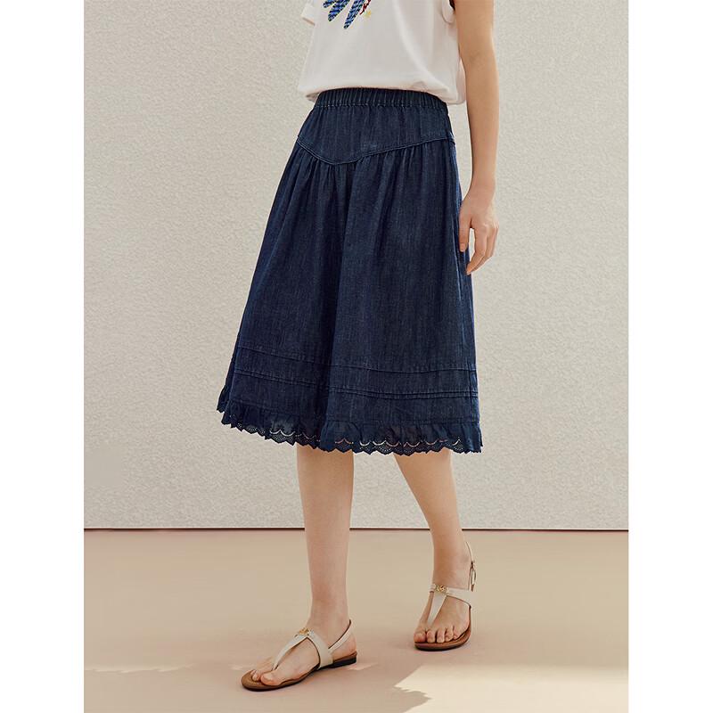 INMAN Damen Retro-Jeansrock mit Spitzen-Patchwork-Details in A-Linie