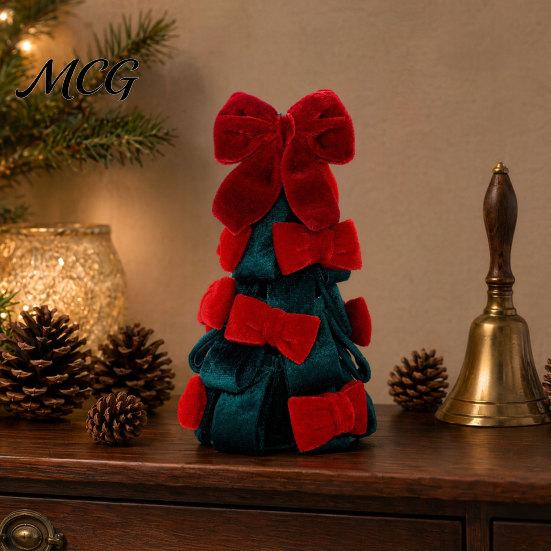 Dining Table Christmas Centerpiece Velvet Bow Tree Decoration, Shaped Photo-ready Decor Tabletop Ornament for Fireplace Window Holiday Stacked