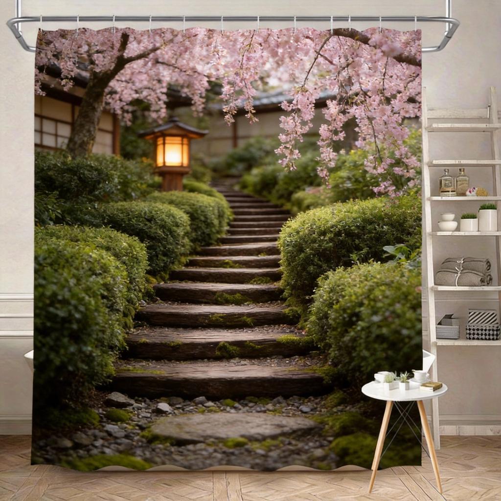 Woodland Shower Curtain 180x180cm – Forest Path with Moss & Trees, Tranquil Nature Bathroom Decor, 12 Hooks