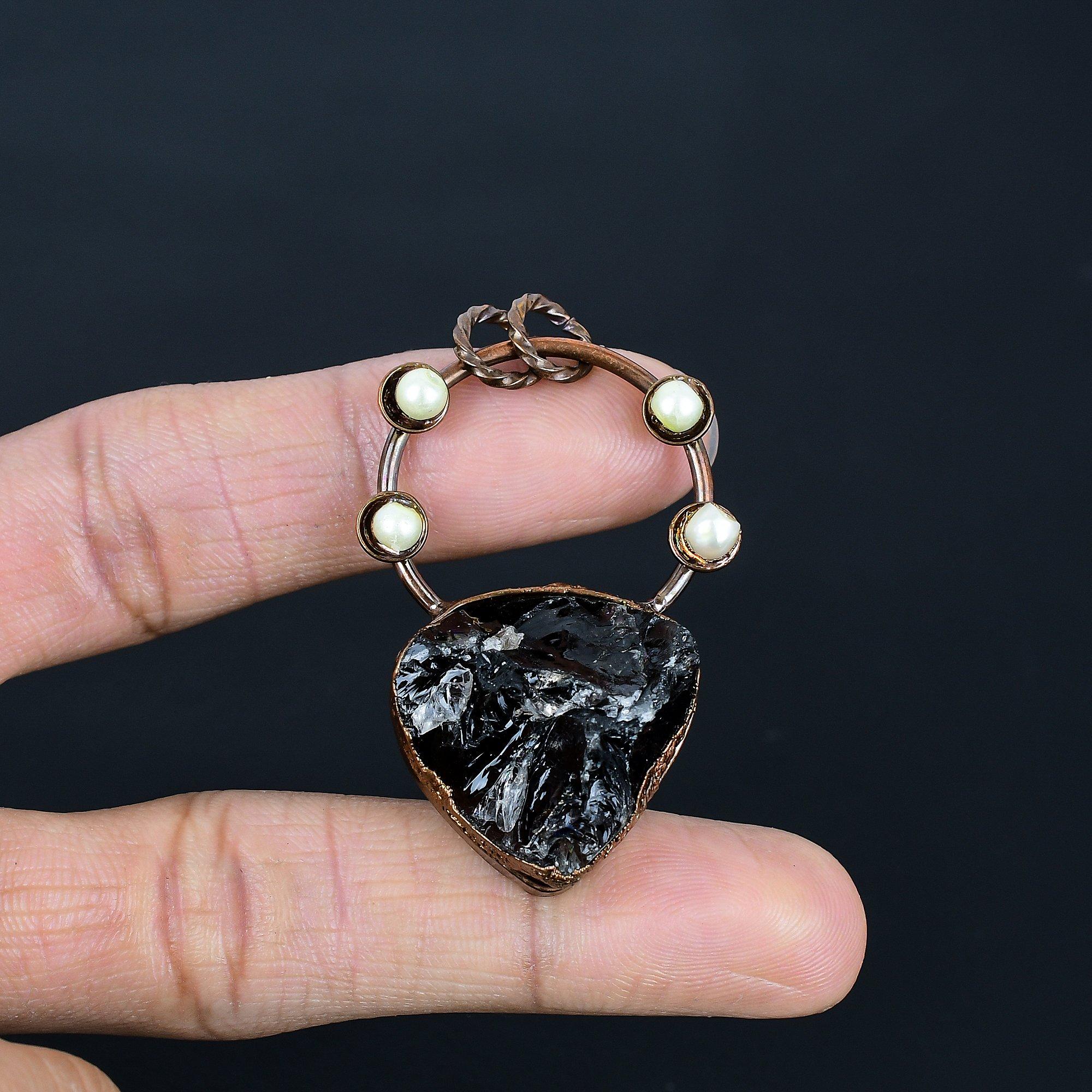 

Black Onyx Rough & Mother Of pearl Pendant Gemstone Jewelry, Copper Electroformed Pendant, Handmade Jewelry Birthstone Pendant, Gift For Him 2.55 Inches