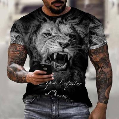 Summer Round Neck 3D Lion Pattern Print Top Personality Wild Fashionable Casual Short Sleeved Men's T-shirts
