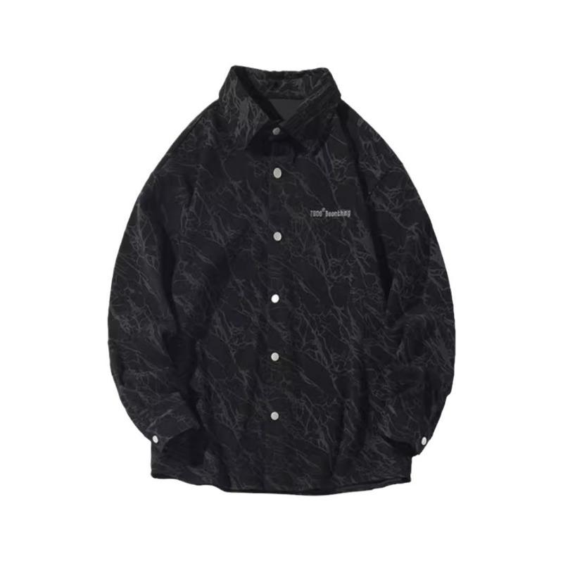 Men s Gradient Crackle Print Corduroy Shirt, Casual Button Down Long Sleeve Streetwear Top M чёрный