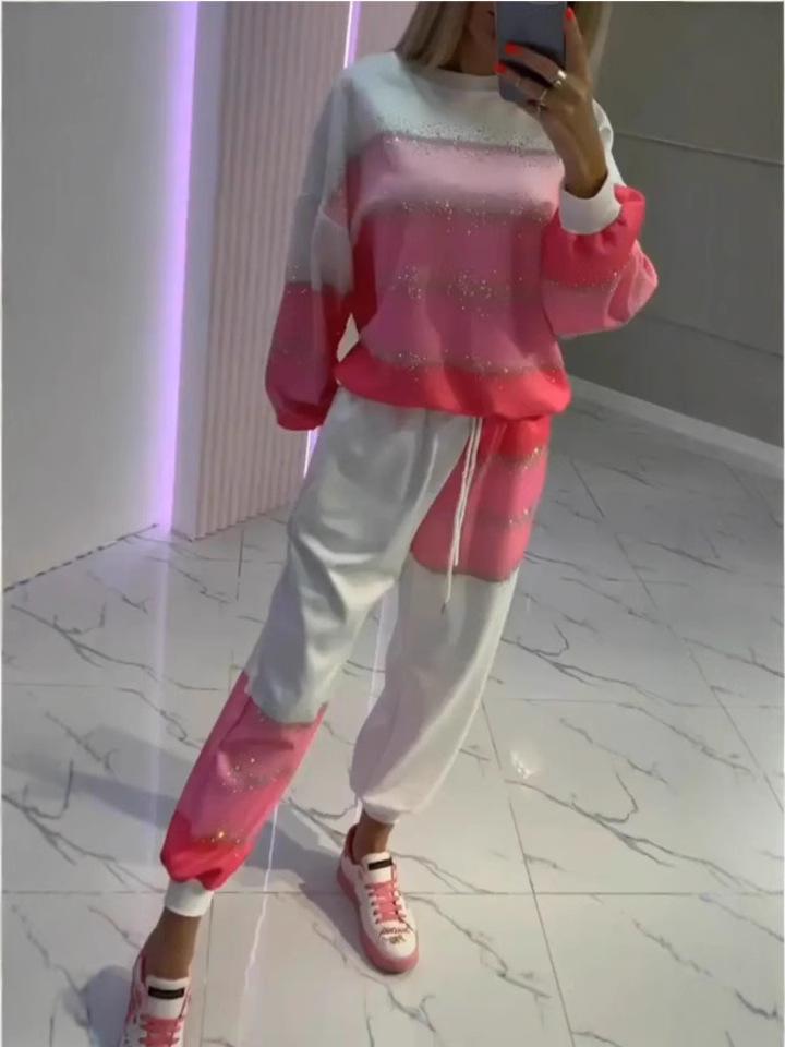 European & American Women's Casual Sprinkle Stripe Top & Drawstring Pants Set - 2025 Collection