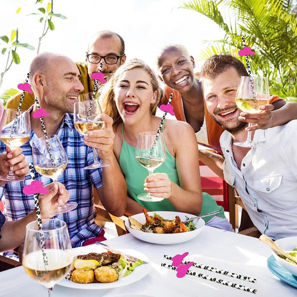 30Pcs Bachelorette Cow Straws Food Grade BPA Free Smooth Edge Cowgirl Ball Decorative Paper Drinking Straws