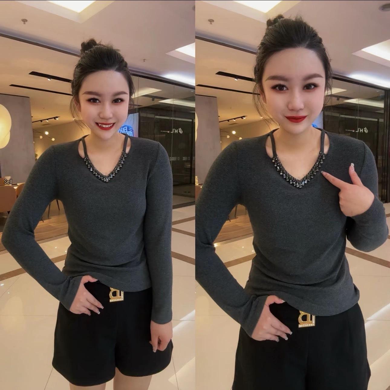 2025 Autumn/Winter Beaded V-Neck Long-Sleeve Slim-Fit Women s Top M серый