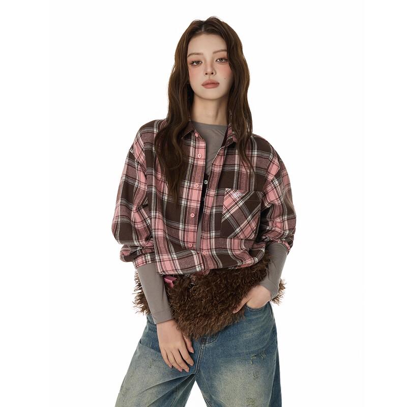 GROUND ZERO Unisex Letter Print Plaid Color-block Loose Shirt