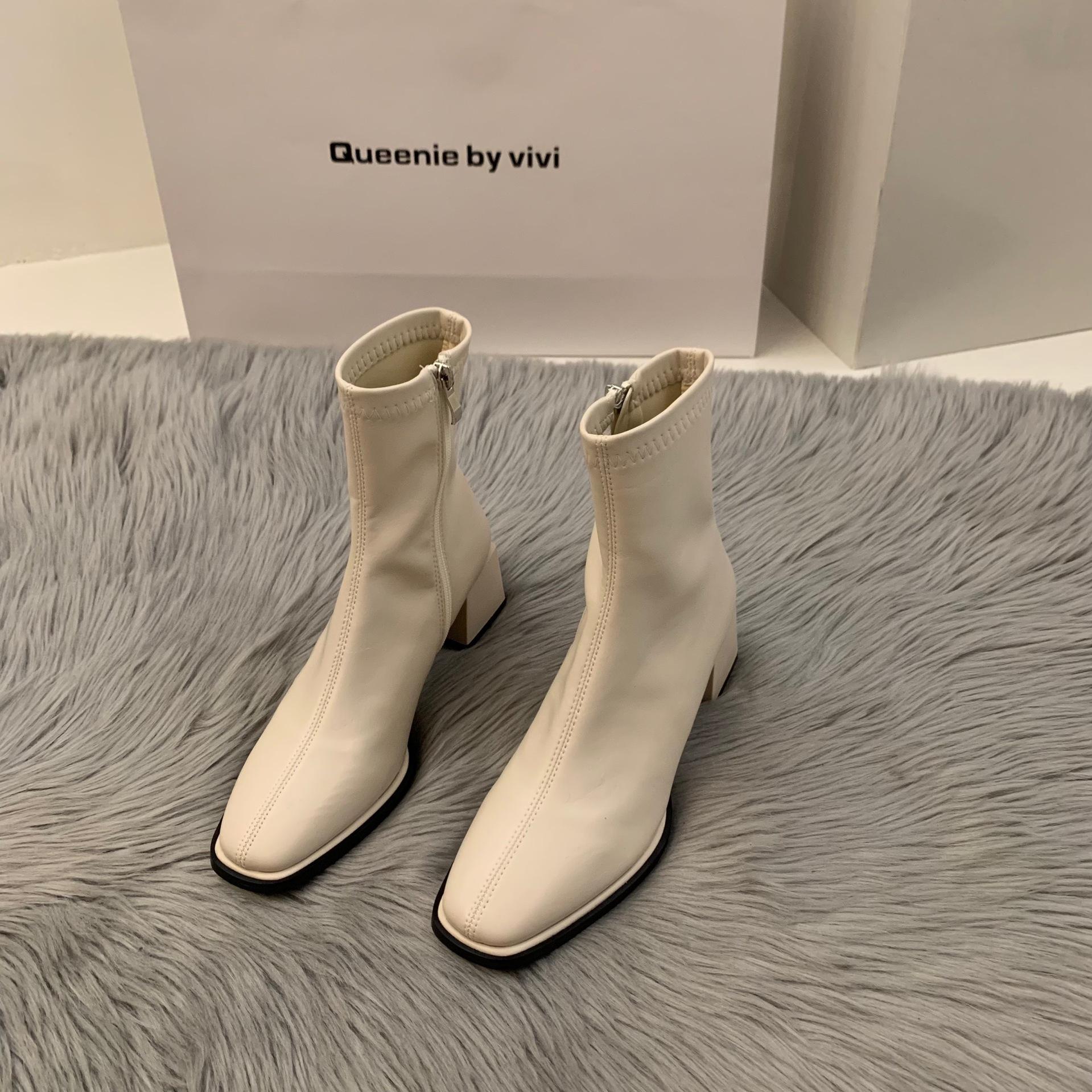

White 2025 square head thin high-heeled small short boots women s shoes French new autumn and winter single boots brown Martin boots 39