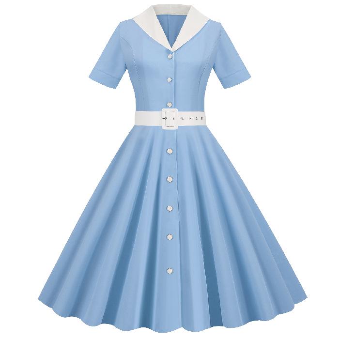 Retro Solid Color V-Neck Short-Sleeved 50s Swing Dress - New Hot Sale 2022