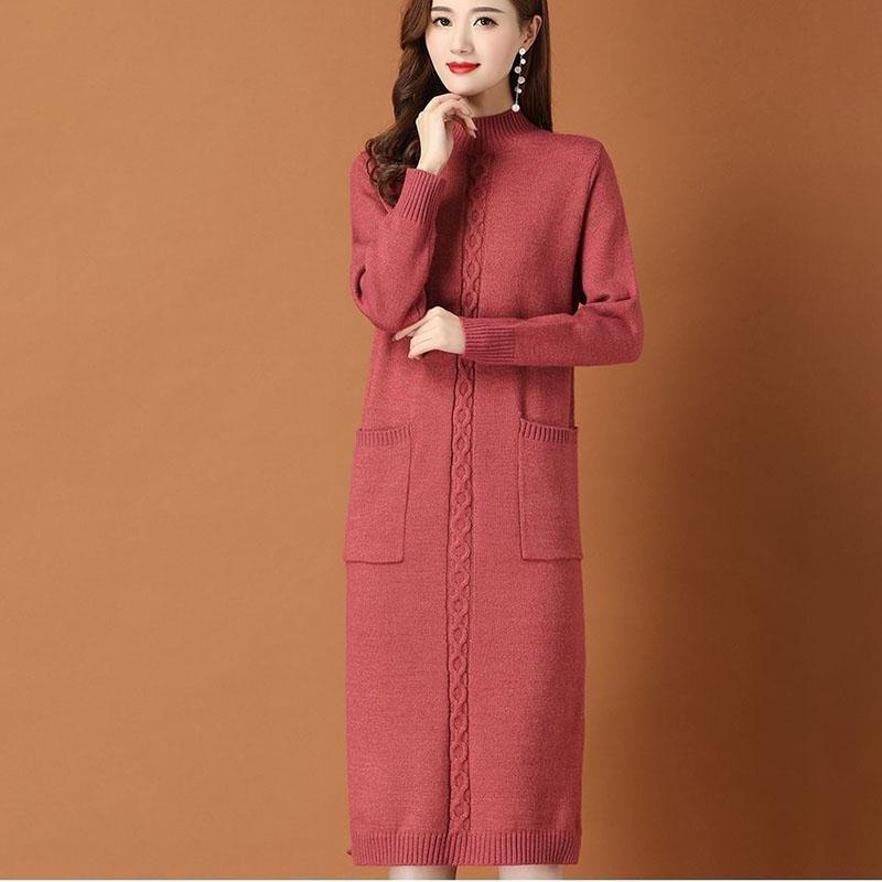 Autumn Winter Women's Half Turtleneck Knit Dress Slim Fit Solid Color Pullover Long Sweater Dress