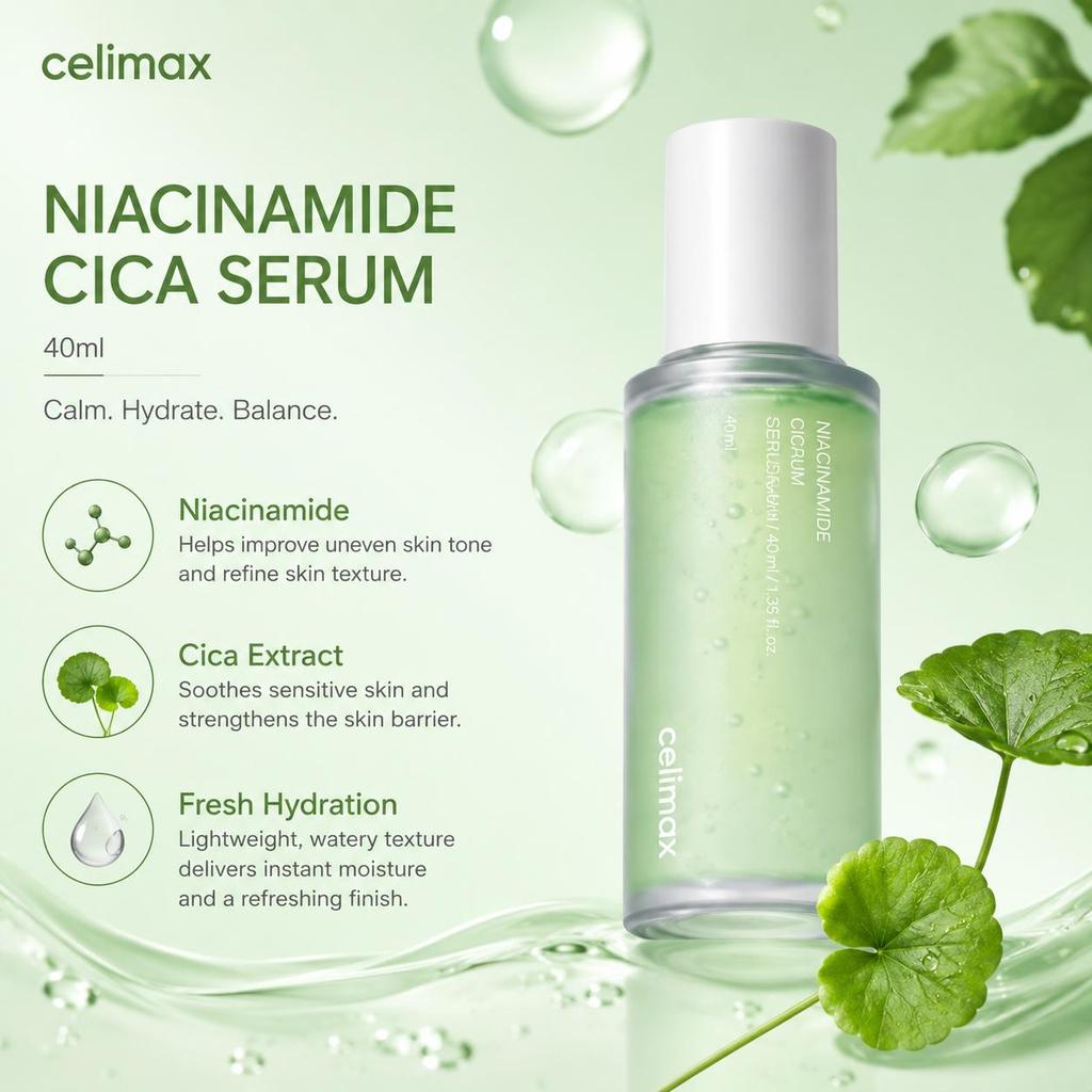 CELIMAX Niacinamide Centella Asiatica (Cica) Blemish Care Serum, Soothing & Redness Relief Serum, 40ml