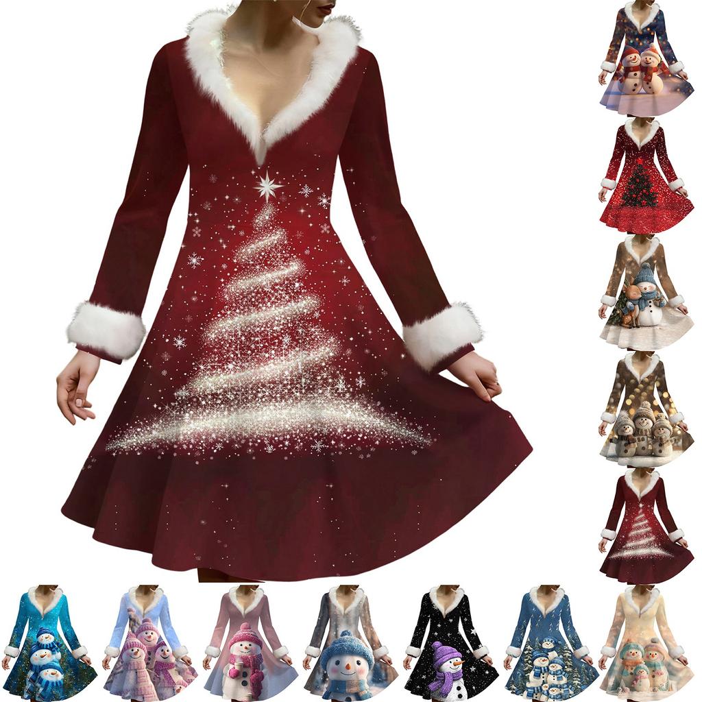 Women's Casual V-neck Christmas Print Plush Long-Sleeve Casual Dress