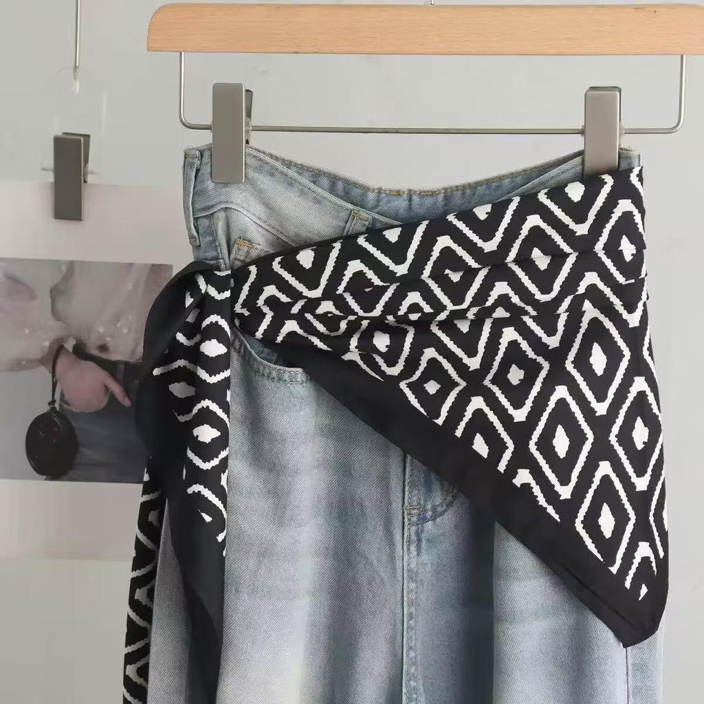 New triangular black and white rhombus square silk scarf, trouser skirt, triangular belt skirt, scarf with jeans