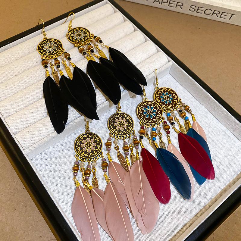 Bohemian Feather Tassel Earrings - Vintage Ethnic Style, High-End Niche Design for Women