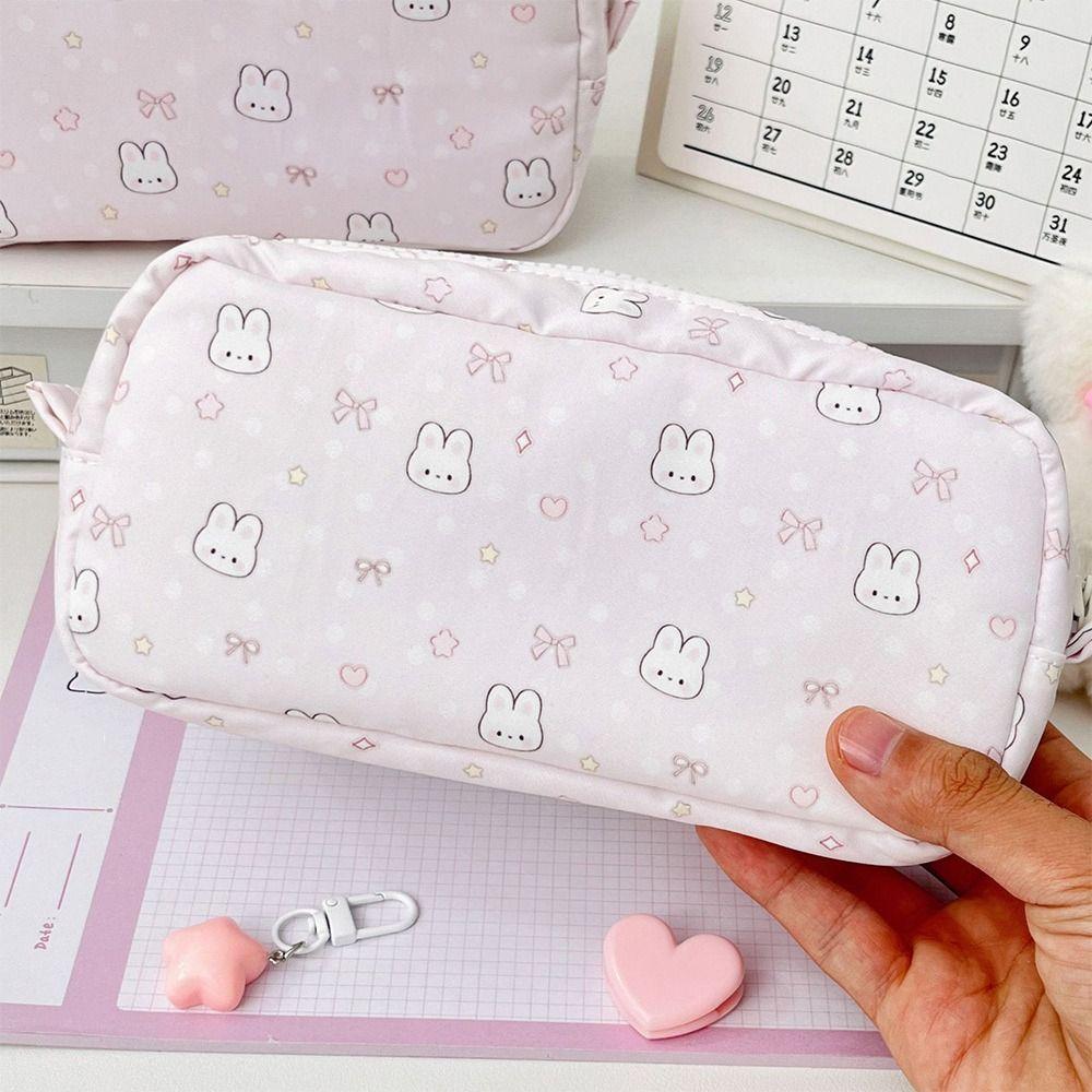 Durable Bowknot Rabbit Pen Bag Soft Touch Multi-functional Pencil Case Stationery Storage Bag Back To School