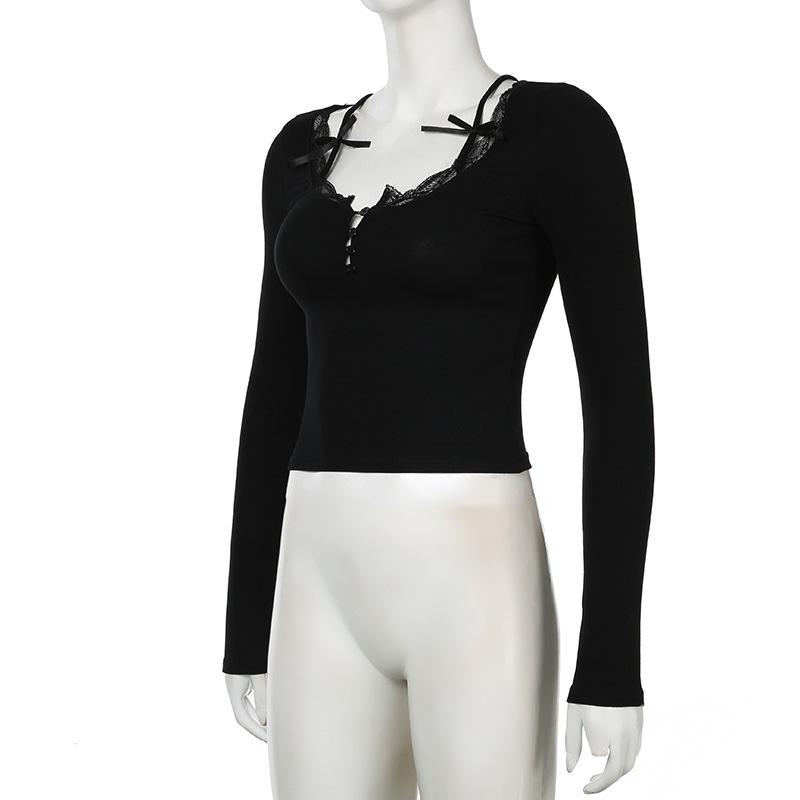 Slimming Square Neck Lace Patchwork Bodycon Top