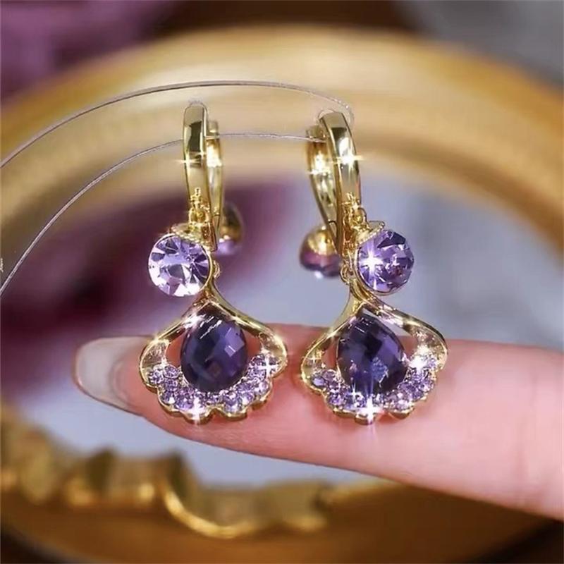 Luxury Fashion Purple Zircon Leaf Pendant Earrings for Women Elegant Crystal Flower Ear Buckle Earring Girl Party Jewelry Gifts