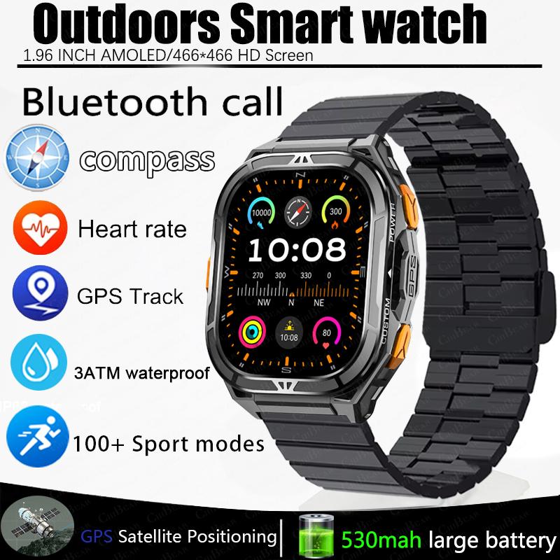 New Sport Smart Watch Men GPS Track 5ATM Waterproof Compass Heart Rate 530mAh Battery 1.96"AMOLED Screen BT Call Smartwatch