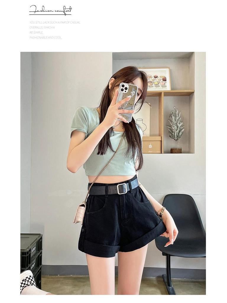 Summer 2024 Women's High-Waisted Retro Wide-Leg Denim Shorts with Rolled Hem