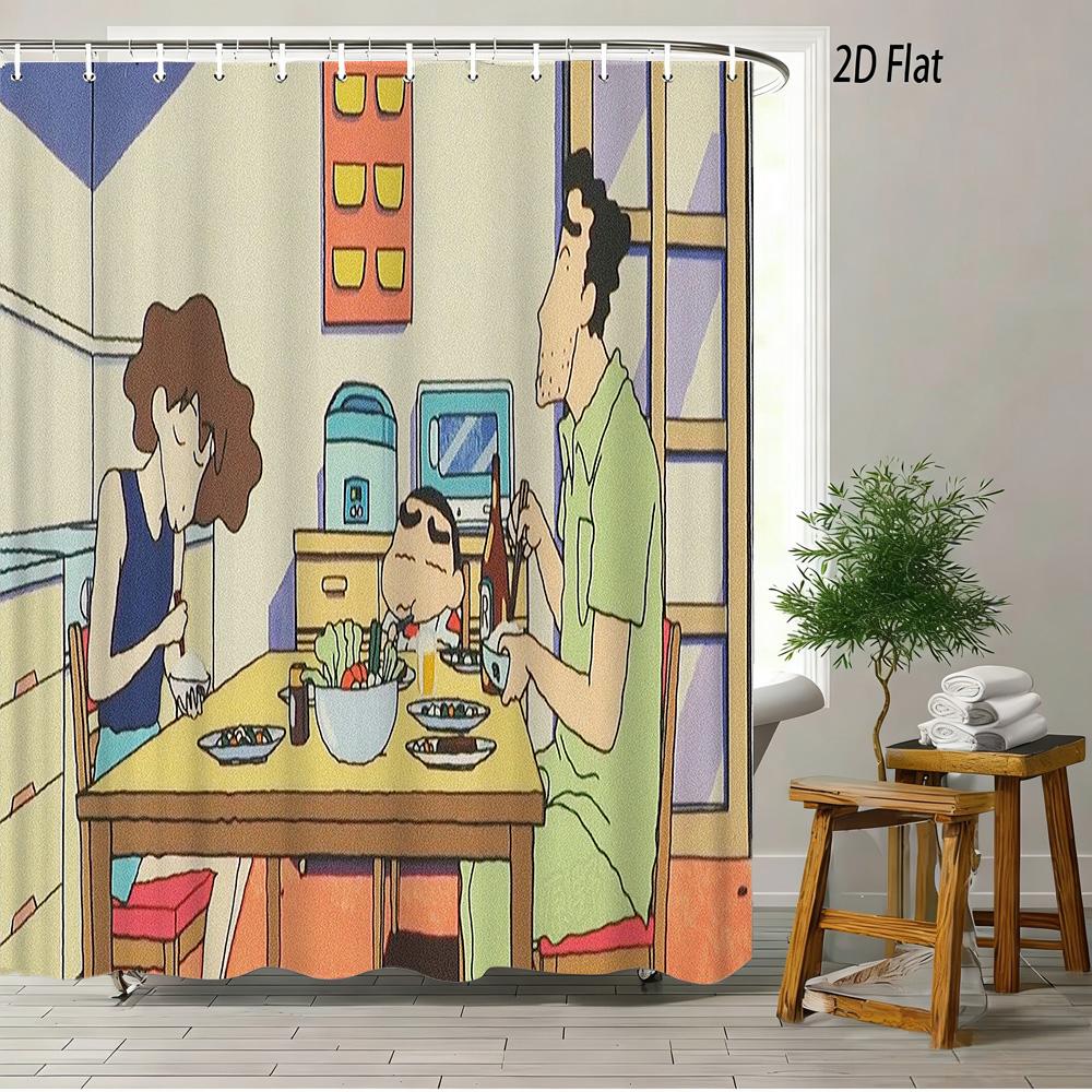 Crayon Shin-Chan & Himawari & Shiro & Leopard & Rooster Jungle Adventure Scene 2D Print Waterproof Shower Curtain, Bright Green