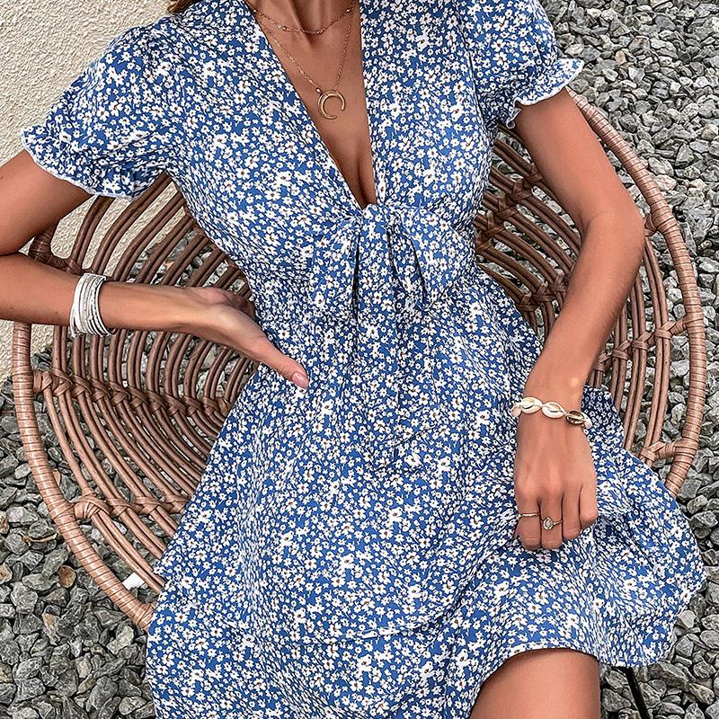 YYFS Dámská móda Léto Jaro Květinový potisk Neformální šaty s krátkým rukávem a výstřihem do V