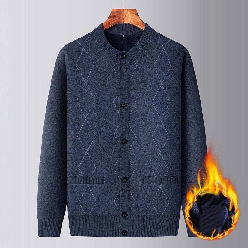 Middle-aged Elderly Autumn Winter Cardigan Sweater Knitted Men's Velvet Knitted Sweater Thickened Coat Top to Keep Warm