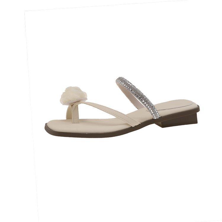 French thick heel rhinestone cool slippers women's shoes wear 2025 new summer fairy style temperament cool slippers