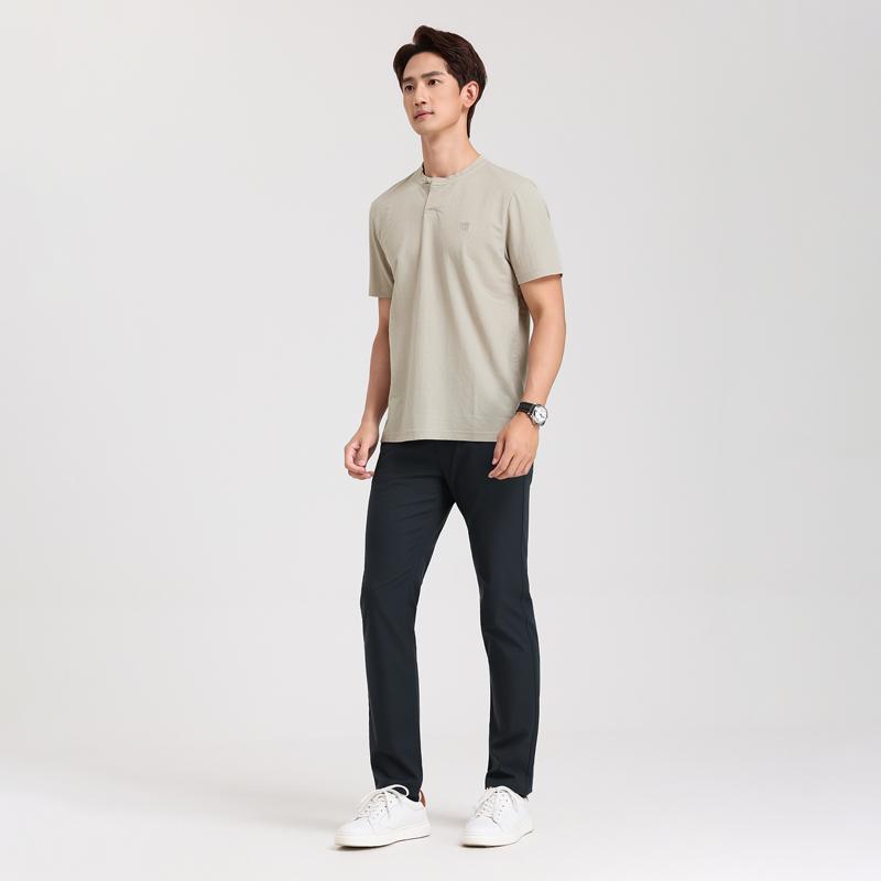 Langdeng Men's Summer Lightweight Breathable Imitation Hemp Henry L Collar Versatile Solid Color T-shirt