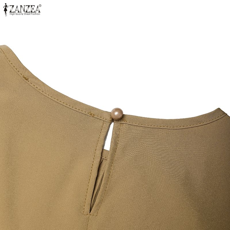 ZANZEA Women Casual Round Collar 3/4 Sleeve Pleated Long Dress