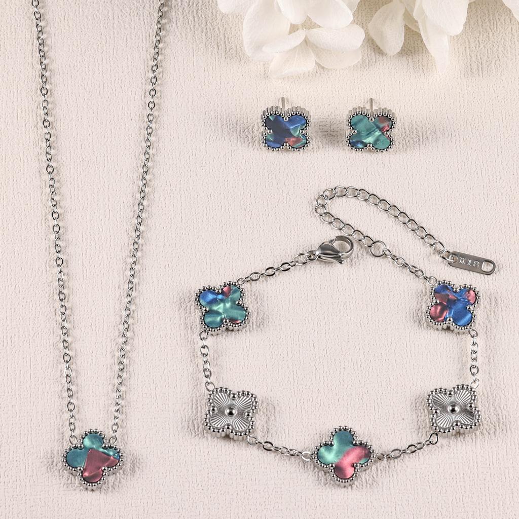 3-teiliges Kleeblatt Armband Halskette Ohrringe 18K Vergoldet Nicht Verblassend Leichter Luxus Mode Set