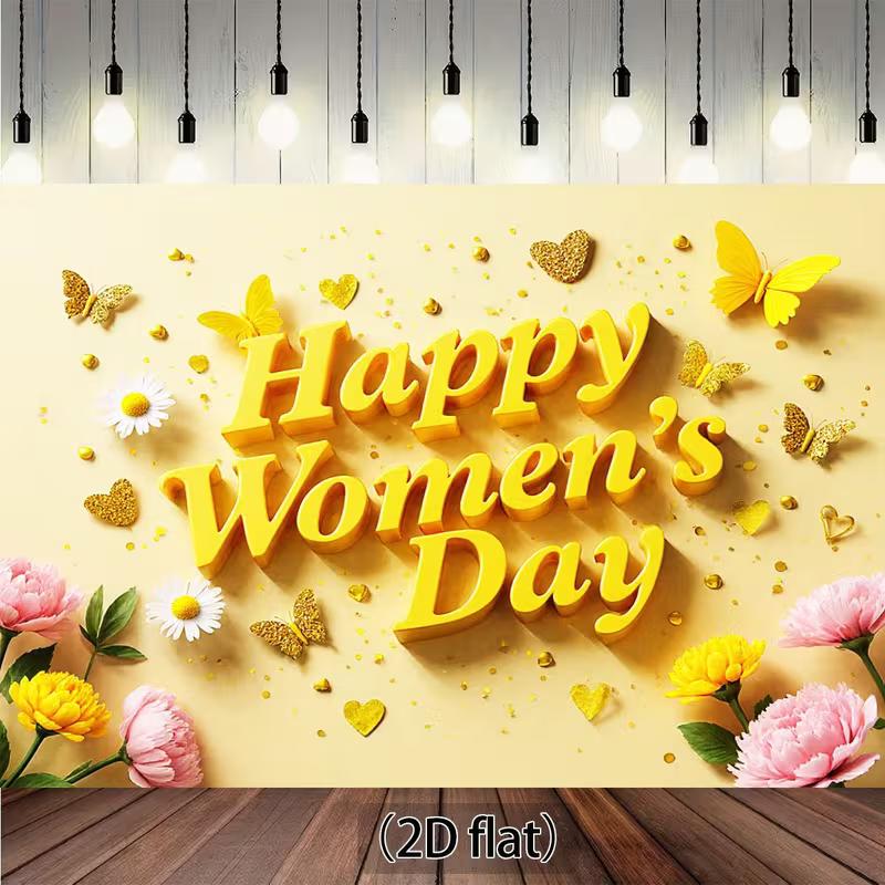 

2D Women s Day Banner, Happy Women s Day Gold Butterflies & Flowers Party Decor 47.2x31.5inch/120*80cm