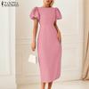 ZANZEA Women Summer Round Neck Puff Short Sleeve Casual Dress