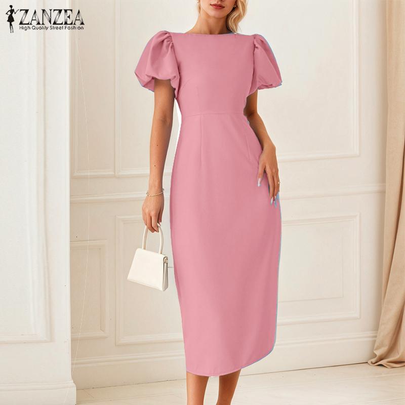 ZANZEA Women Summer Round Neck Puff Short Sleeve Casual Dress