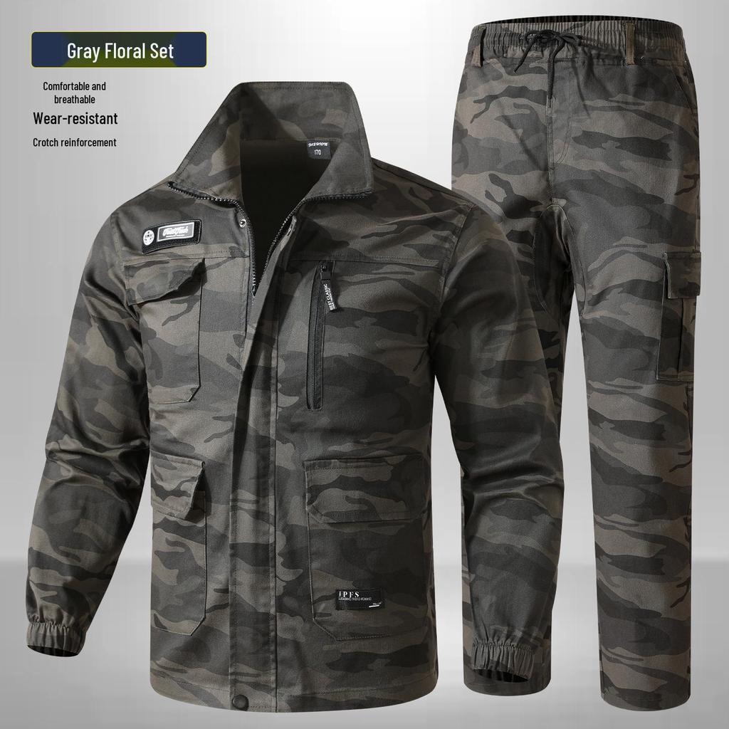 Unisex Spring/Autumn Elastic Camouflage Workwear Set - Cotton, Anti-Scald, Wear-Resistant, Ideal for Auto Repair