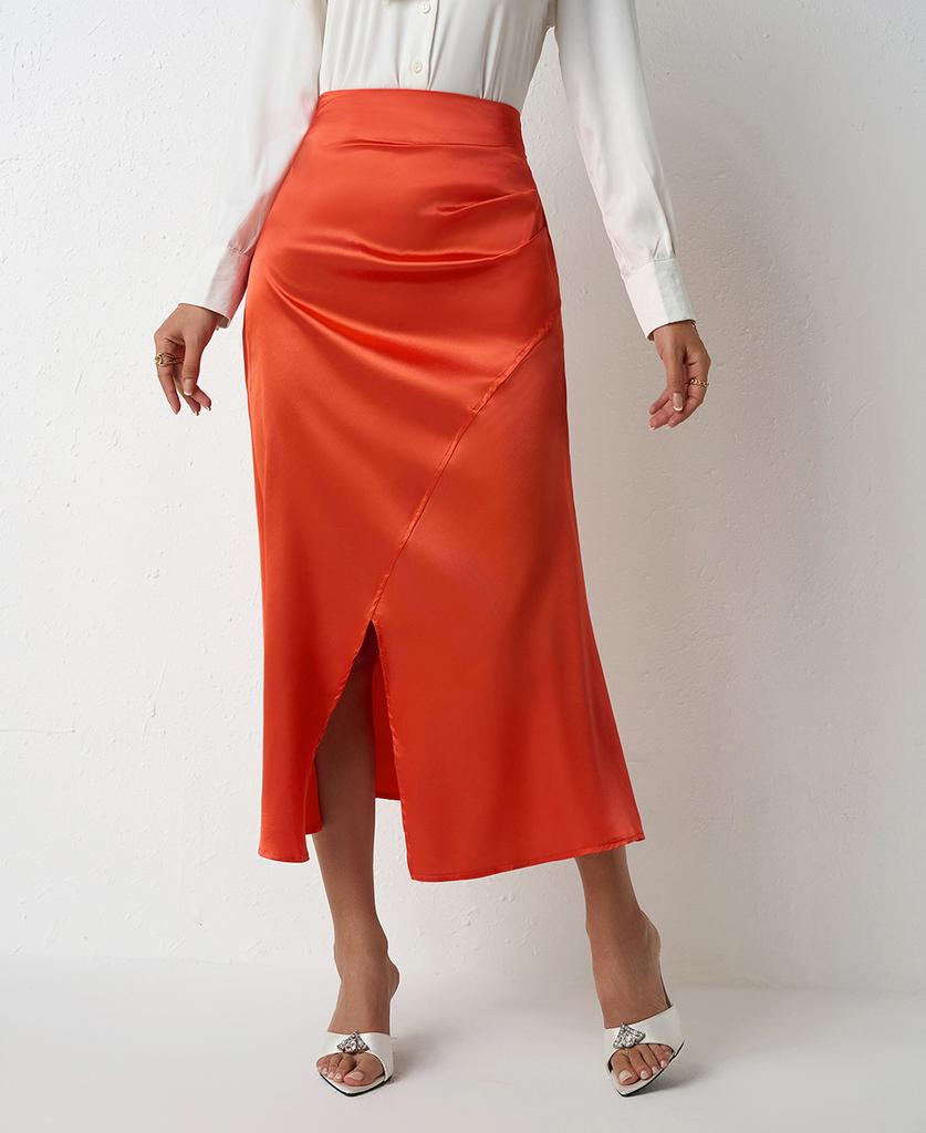 Dámská dlouhá plisovaná saténová sukně s vysokým pasem, rozparkem, jednobarevná, se zipem, rybího střihu, obepínající hýždě