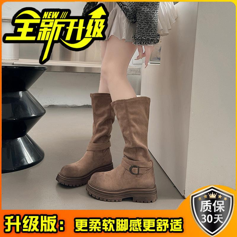 Temperament French suede knight boots polished round head boots 2025 autumn and winter suede versatile thick heel Martin boots