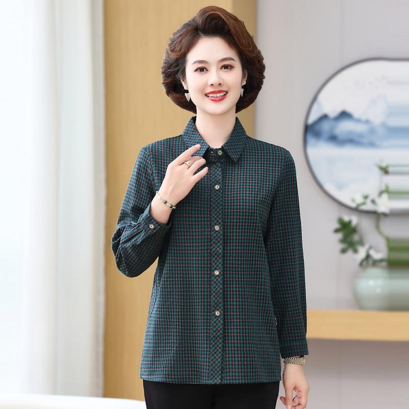 Middle-aged and Elderly Women's Spring and Autumn Tops Cotton Long-sleeved Shirts Women's Cotton Plaid Shirts