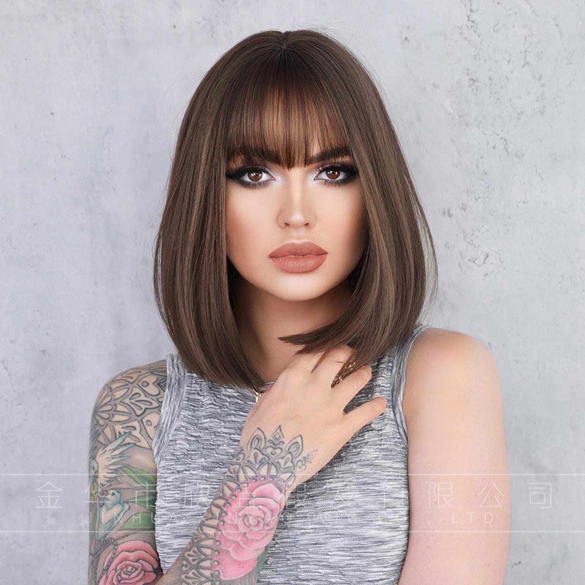 

Женский короткий боб-парик в европейском и американском стиле, парик из синтетического волокна с естественным видом, полный парик с челкой коричневый